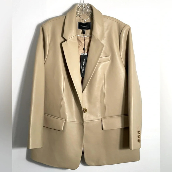 NWT BCBGMaxAzria Tan Latte Faux Leather Heavy Oversized Blazer Jacket - Picture 1 of 16